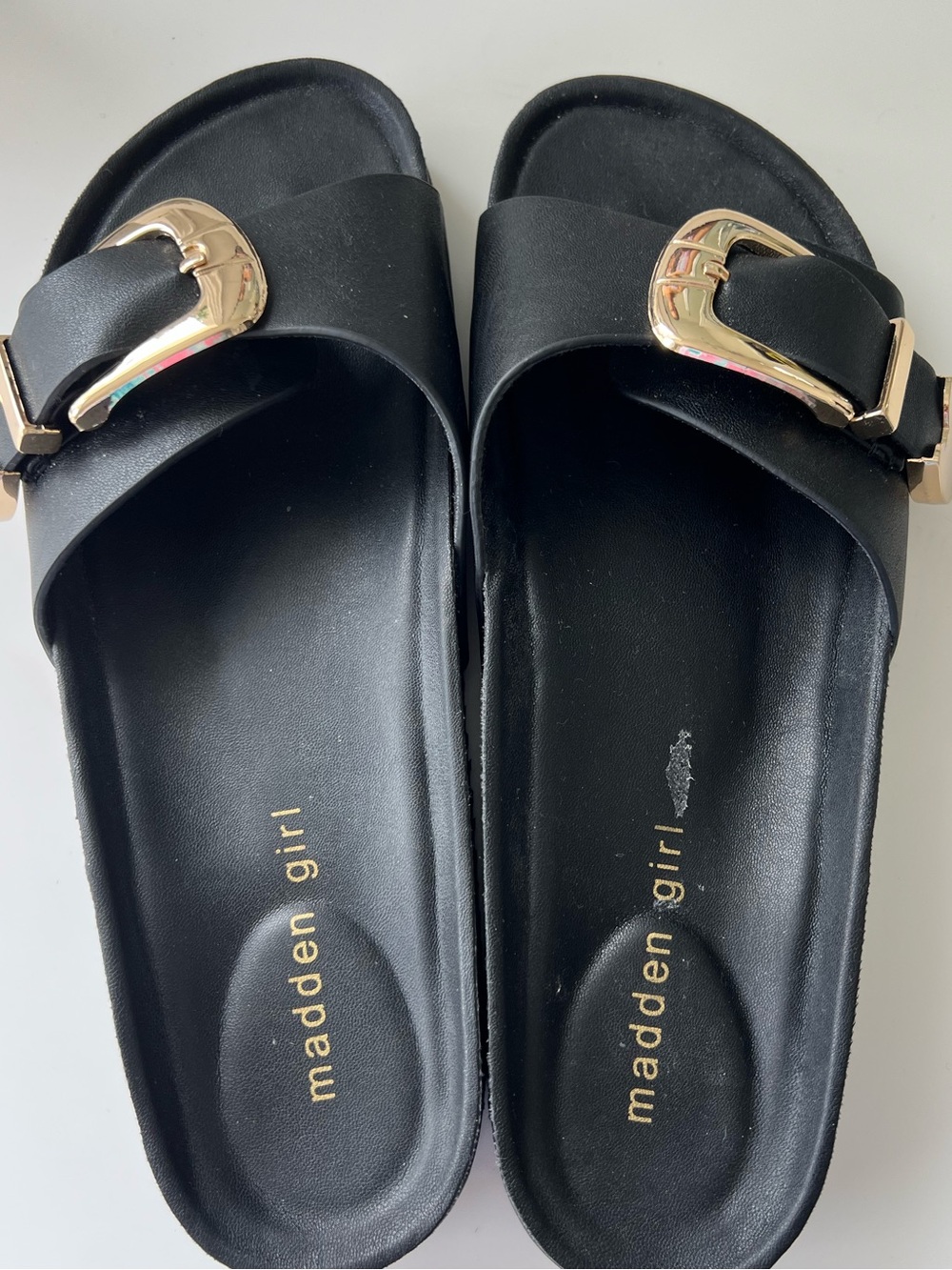 Madden Girl Black Slide Sandals with Gold Buckles